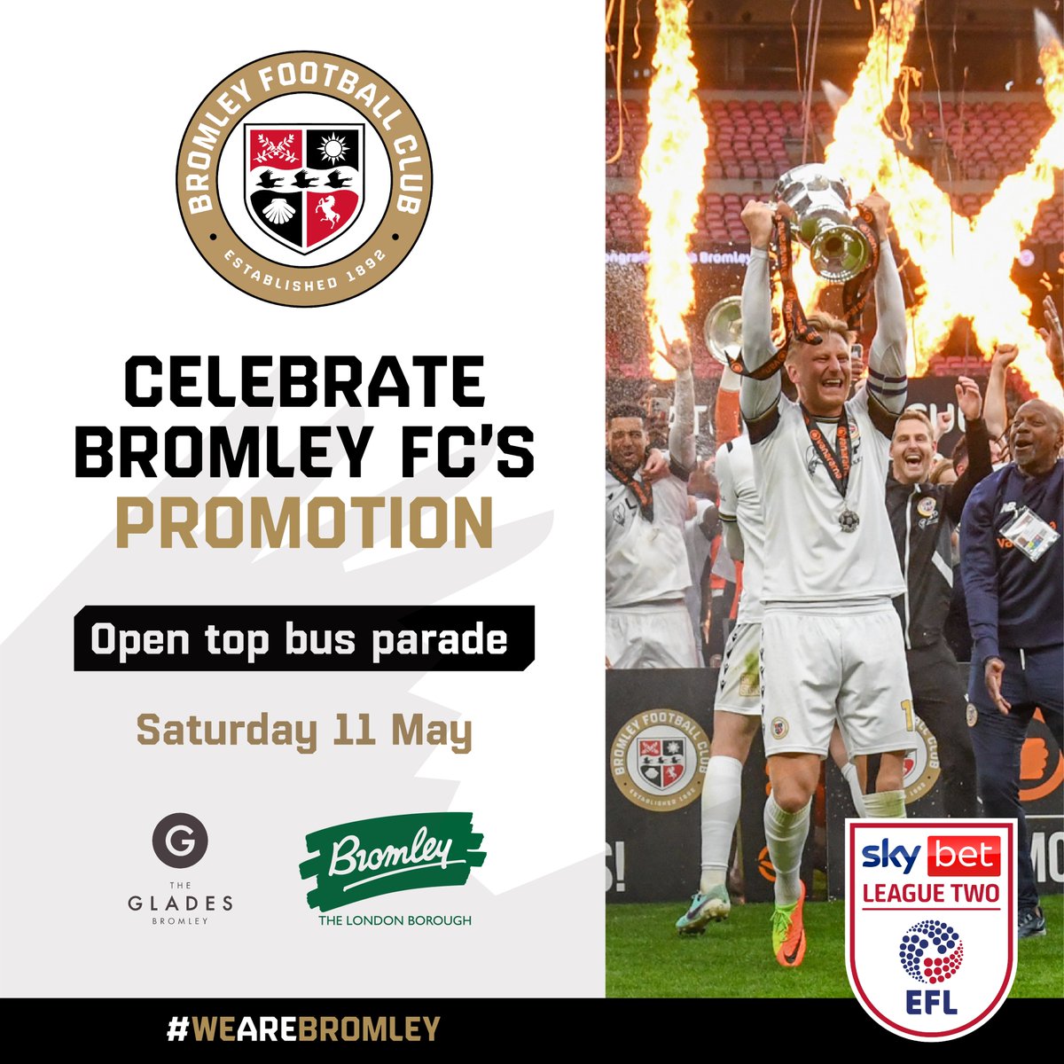 Don't miss the @bromleyfc open-top bus parade today! The bus is set to arrive at @TheGladesBrom at midday, after leaving the club's ground at 11:50am. Find out more at bromley.gov.uk/news/article/6… #WeAreBromley