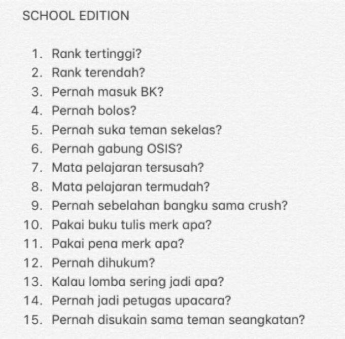 yoyen's tweet photo. 1. 1
2. 12
3. ✅
4. ❌
5. ✅
6. ❌
7. Fisika
8. Bahasa 🇫🇷
9. ✅
10. AA, Locomotif
11. Pilot, Rotring
12. ✅ karena ikut lomba tari malem2 atas nama sekolah (lihat nr 3🤣)
13. Penari, penyanyi (paduan suara), pemain basket
14. ✅
15. ✅ https://t.co/66RK3deXz3