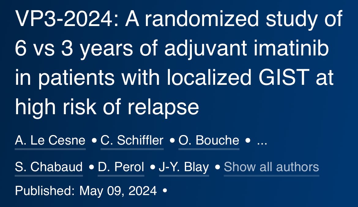 📢Adjuvant imatinib in high risk GIST: 3 years or 6years? IMADGIST @myESMO Virtual Plenary, @Annals_Oncology ✅DFS was significantly superior with 6-year imatinib HR: 0.40 [0.20-0.69], p=0.0008 ➡️136 patients ➡️Localized GIST with KIT expression, a R0 or R1 surgery, and a…