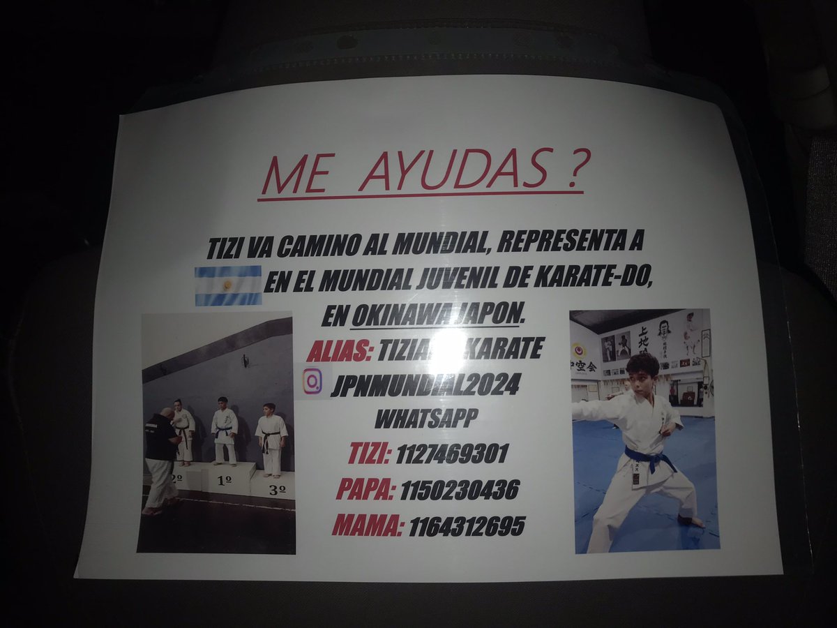 pido un auto al boliche veo este cartel en el asiento y el chofer cuenta que se quedo sin laburo y esta trabajando de uber para juntar la guita para que su hijo de 14 viaje a japon al mundial de karate😭 twitter es servicio así que dejo esto por acá!!
alias: tiziano.karate