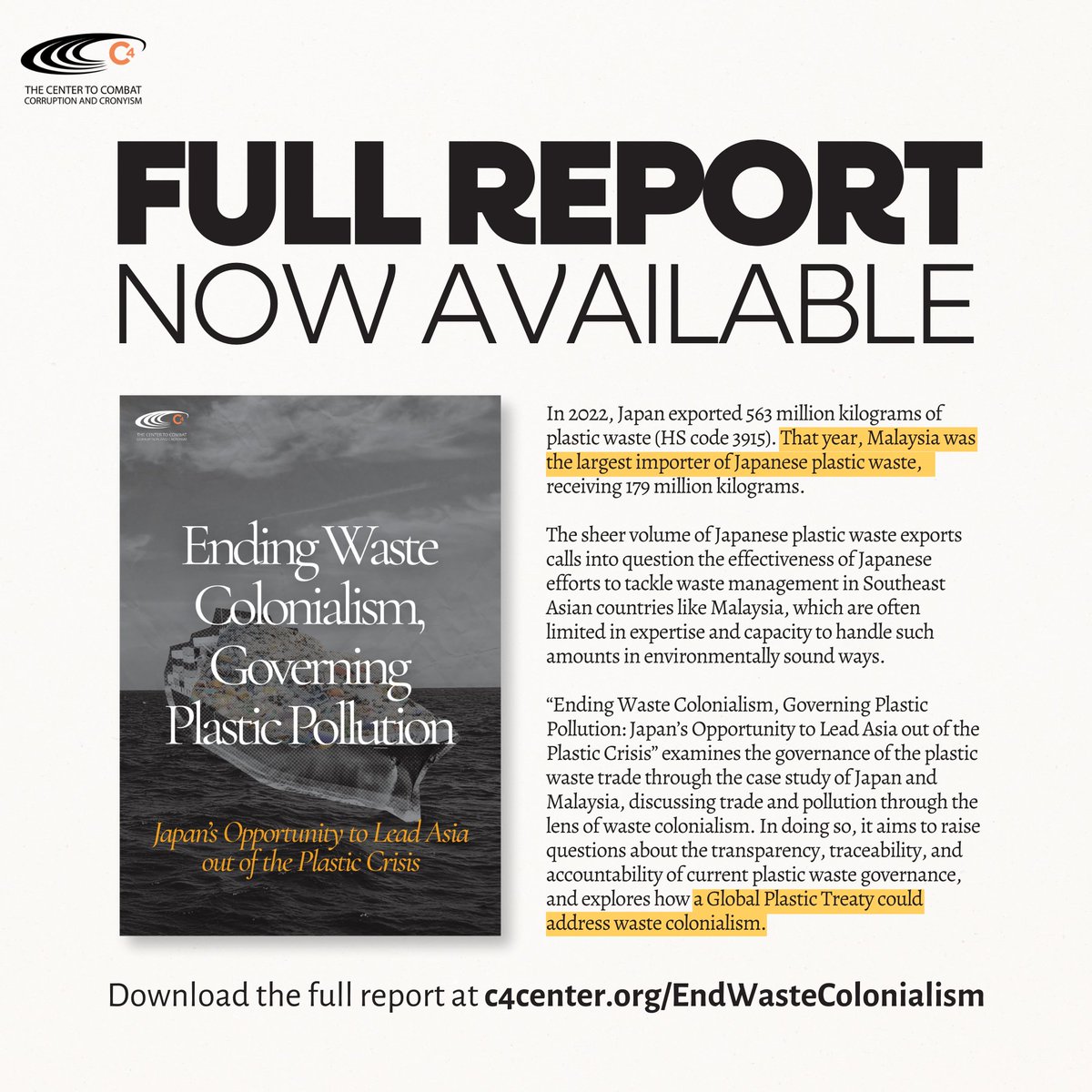 Our new report discusses trade and pollution through the lens of waste colonialism, and raises questions about the transparency, traceability, and accountability of waste governance frameworks. 
The full report is available for download on our website at c4center.org/EndWasteColoni…