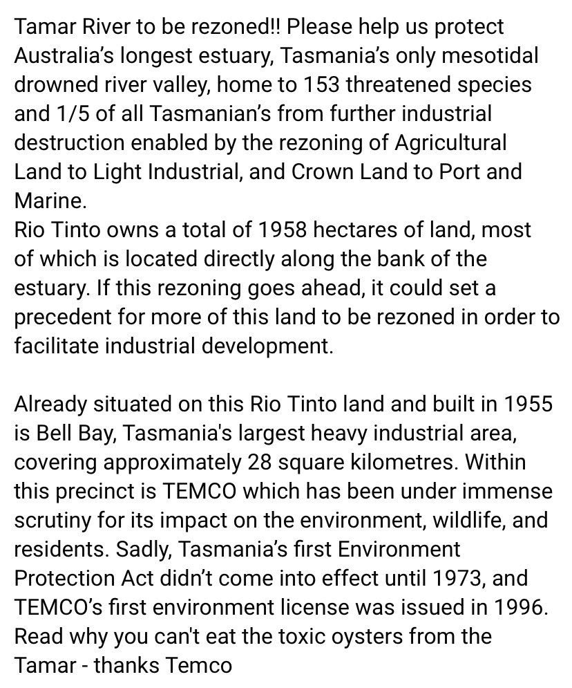 The Tamar River has always been subject to horrendous industrial &commercial environmental impacts, despite being haven to extensive populations of all types of wildlife. Corporate industry is destroying Tasmania. Pls sign. #FuckOffRioTinto #SaveTasmania chng.it/NM2NcMrSR7
