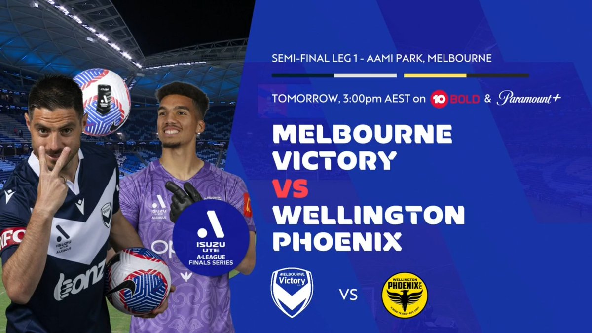 Get ready for a 'Clash of the Titans!!' Who will triumph? @gomvfc or @WgtnPhoenixFC? Watch #MVCvWEL live & free on 10 Bold & 10 Play in the 1st Leg of the @aleaguemen Semi Finals - Sunday 3pm AEST! 📱💻📺: 10play.com.au/live/bold (stream) 💻📱: 10play.com.au/football