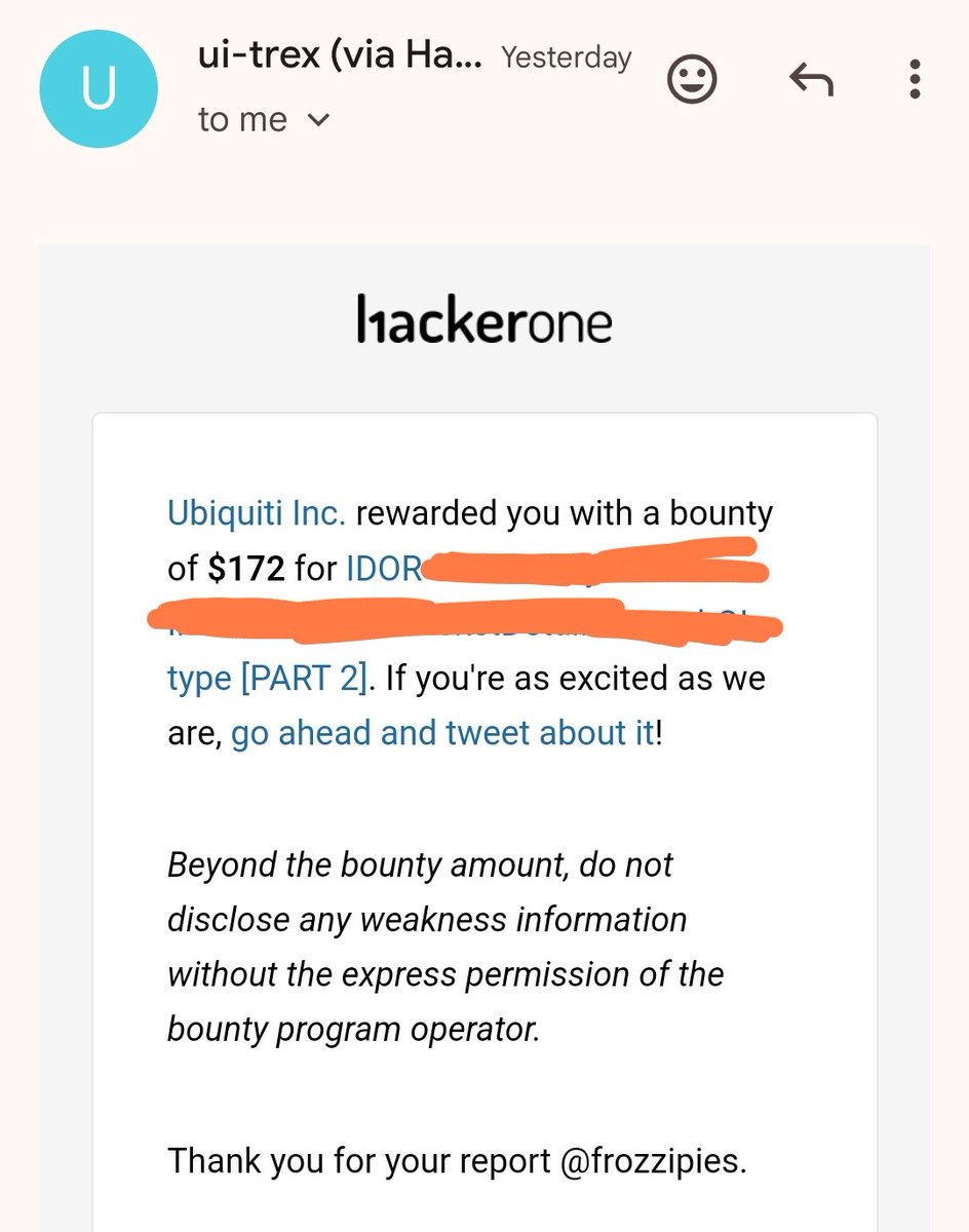 Alhamdulillah another Hackerone Bounties this week 🤲

When testing for IDOR, always check for hidden parameters, test all features, crawl everything, then read HTTP History untill you find hidden parameters, and test it for IDOR.

#bugbountytips