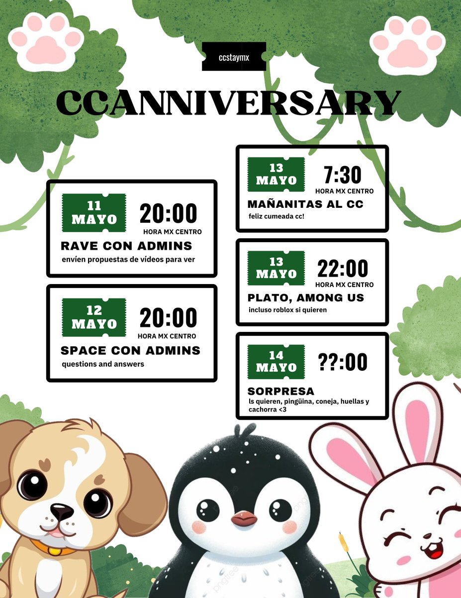 𝗖𝗖𝗦𝗧𝗔𝗬𝗠𝗫 𝗔𝗡𝗡𝗜𝗩𝗘𝗥𝗦𝗔𝗥𝗬

TIMETABLE

🎉 2024.11.05 - 2024.14.05

#ccstaymxanniversary
#maripozunaMOTHER #pppinguina #PAWpatrol #bugsBUNNY #oxichorra