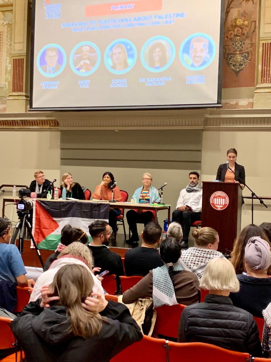 Now at the 2024 Palestine Solidarity Conference - ‘Speaking to politicians about Palestine’ with @janet_rice , @Sophiemcneill, @AnthonyDadam , @SamanthaRatnam and APAN’s @iamthenas. #2024PalSolConf
