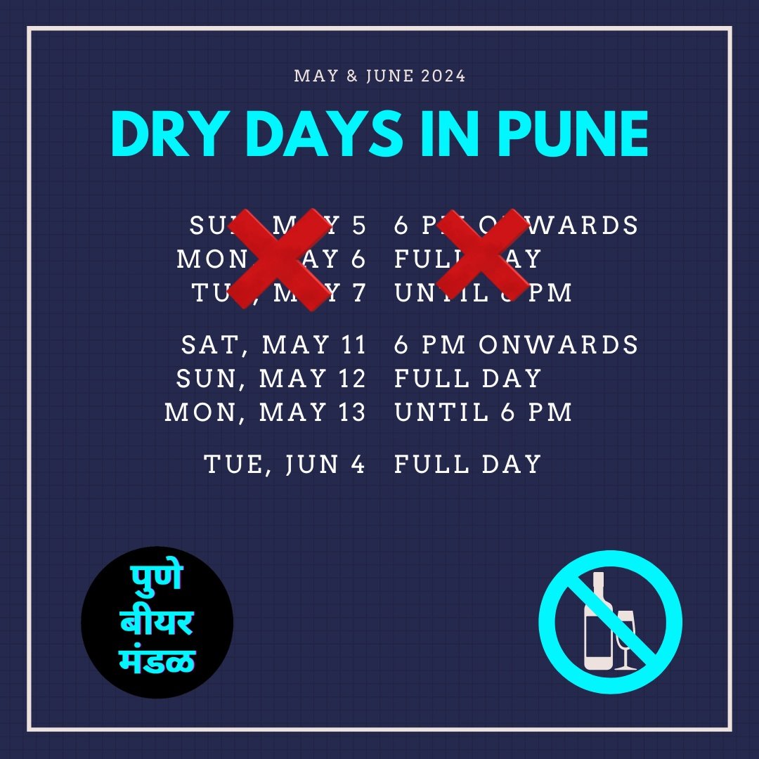 🚨 DRY DAY ALERT IN PUNE 🚨 On account of elections in Pune constituency, dry day will begin at 6 pm today for 48 hours. Stock up!