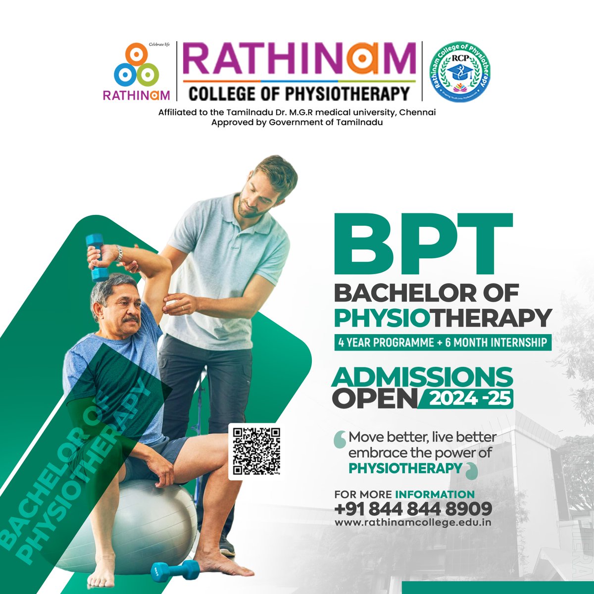 The Rathinam College of Physiotherapy offers a four-year BPT program that will equip you with the knowledge and skills to help people improve their movement and manage pain.

#Physiotherapy #BPT #AdmissionsOpen #MoveBetterLiveBetter #Healthcare #Careers #India #Coimbatore