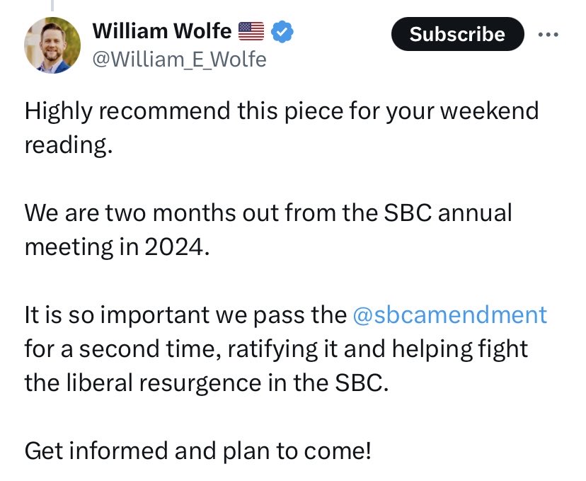 William Wolfe often fear-mongers about a supposed “liberal resurgence” in the SBC. Meanwhile, he conveniently denies the existence of the SBC’s sex abuse crisis, which took down the architect of the SBC’s “conservative resurgence” (alleged sex abuser Paul Pressler). SMDH. 1/