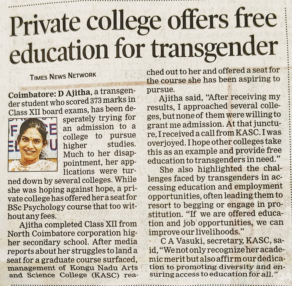 Kudos & our Salute to the Coimbatore District Collector, Coimbatore City Police Commissioner & Kongu Nadu College for coming forward to help & support a Transperson for pursuing her higher studies after completing her 12th standard from Coimbatore. @CollectorCbe @policecbecity