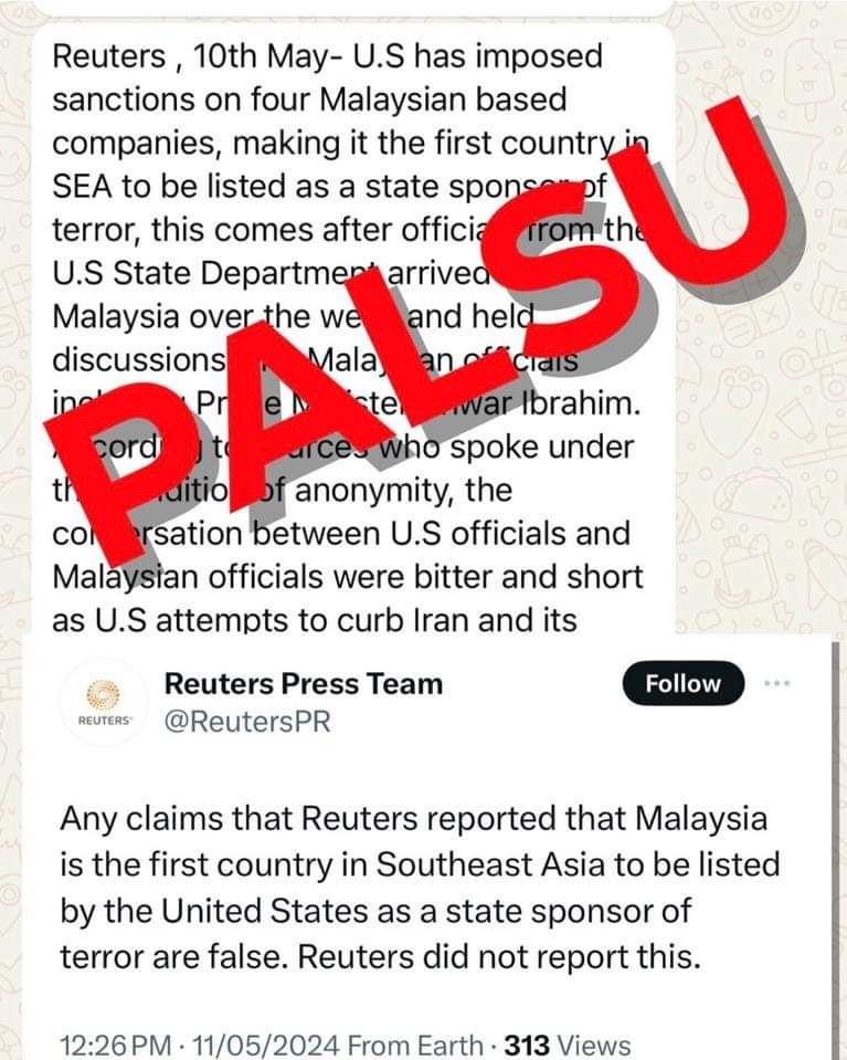 Saya telah menerima mesej tular yang mendakwa Malaysia negara ASEAN pertama yang telah dikenakan sekatan (sanction) oleh Amerika Syarikat. Berdasarkan penafian Reuters Press Team di X, dan pengesahan yang saya terima dari pihak Kedutaan Amerika Syarikat, saya sahkan bahawa mesej