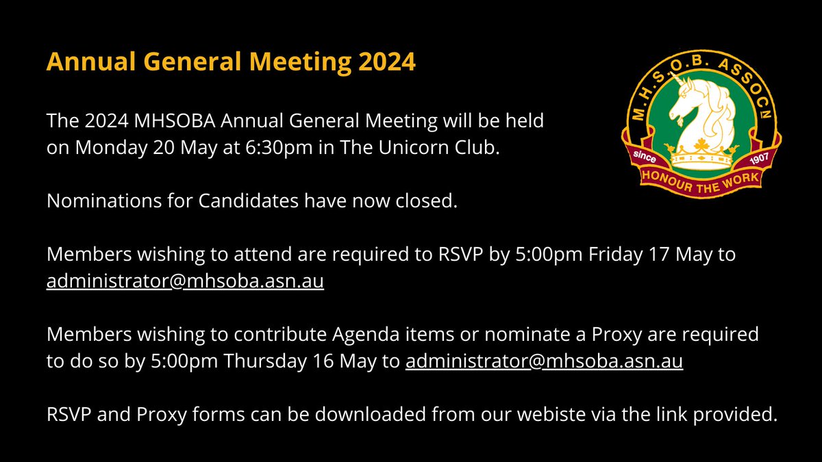 MHSOBAInc's tweet photo. MHSOBA members are invited to our AGM 2024.

Visit https://t.co/EH5WqfX2rU for RSVP &amp; Proxy Nomination forms

Submit Proxy &amp; Agenda items to administrator@mhsoba.asn.au by 5:00pm Thurs 16 May.

Honour The Work
#mhsoba #mhsobaagm #honourthework #mhs https://t.co/RE84305gPn