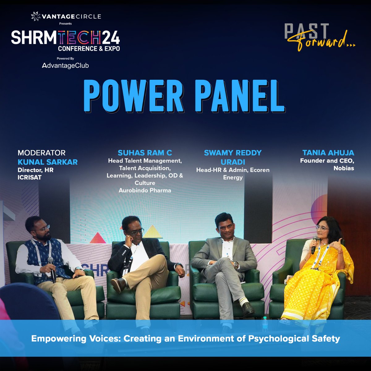 Strengthening Psychological Safety at #SHRMIndiaTech! In the enlightening session, 'Empowering Voices: Creating an Environment of Psychological Safety.' Led by Moderator Kunal Sarkar, Director of HR at ICRISAT, the panel, including Tania Ahuja, Founder and CEO of Nobias; Swamy