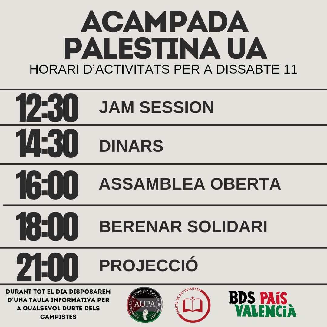 🗓️ Demà estarem a la #AcampadaUA per Palestina! 
📣Estarem a la Jam Session, després un berenar solidari amb Palestina i una projecció nocturna. Esteu convidats!!