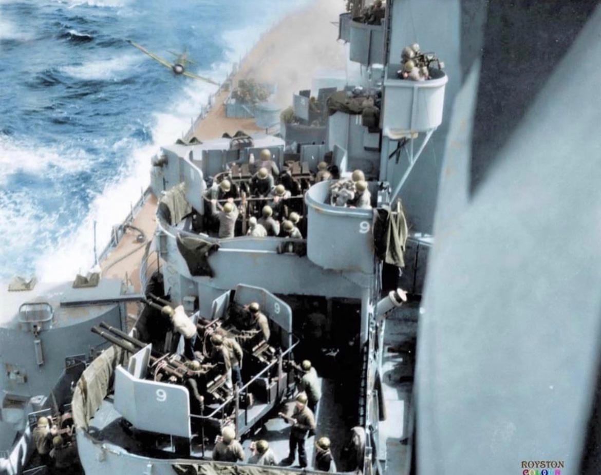 In April of 1945, Navy personnel on the USS Missouri shoot down multiple Kamikaze attempts on their ship, staving off all but the one pictured here. ⚓️