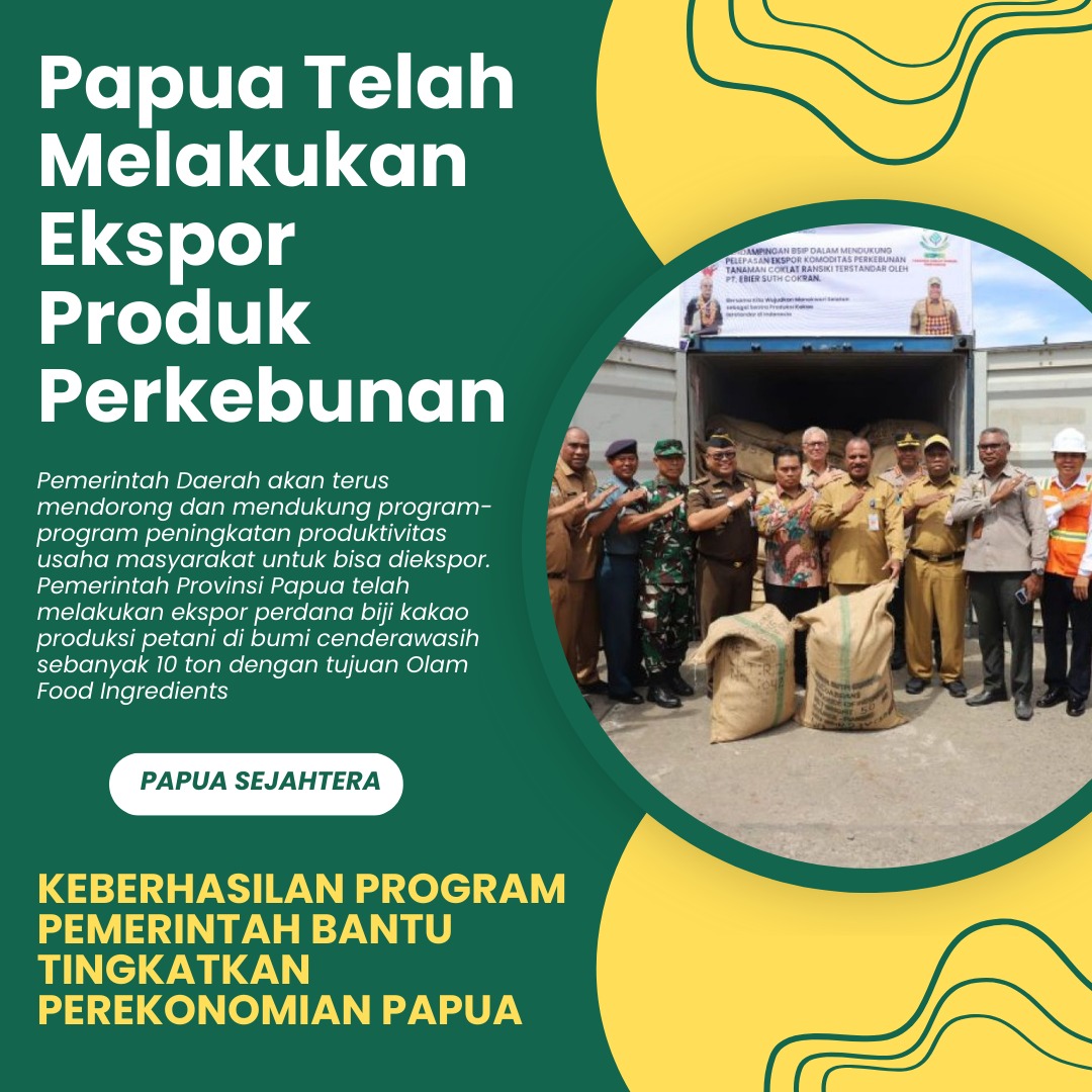 Papua telah melakukan ekspor produk perkebunan.

#PetaniPapua #PapuaSejahtera #KomoditasEkspor #KekayaanAlamPapua #PapuaIndonesia