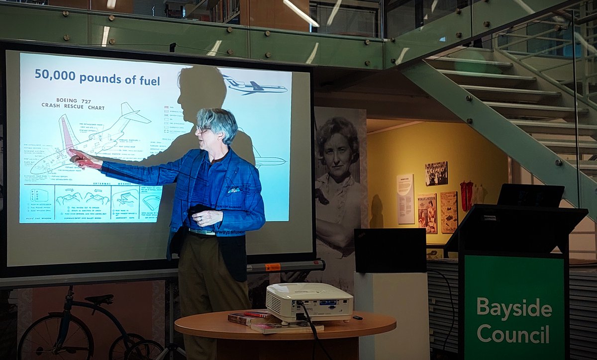 history2wheeler's tweet photo. Thanks to @Alison_Wish for this pic of me deep into the explanation of what might happen if the tail of a DC-8 sliced through the main wing tanks and high-pressure lines in a 727, causing 20 tons of fuel to spray into the rear-mounted JT8Ds. All good local history material! 😎 https://t.co/U8Zc0xVKBp