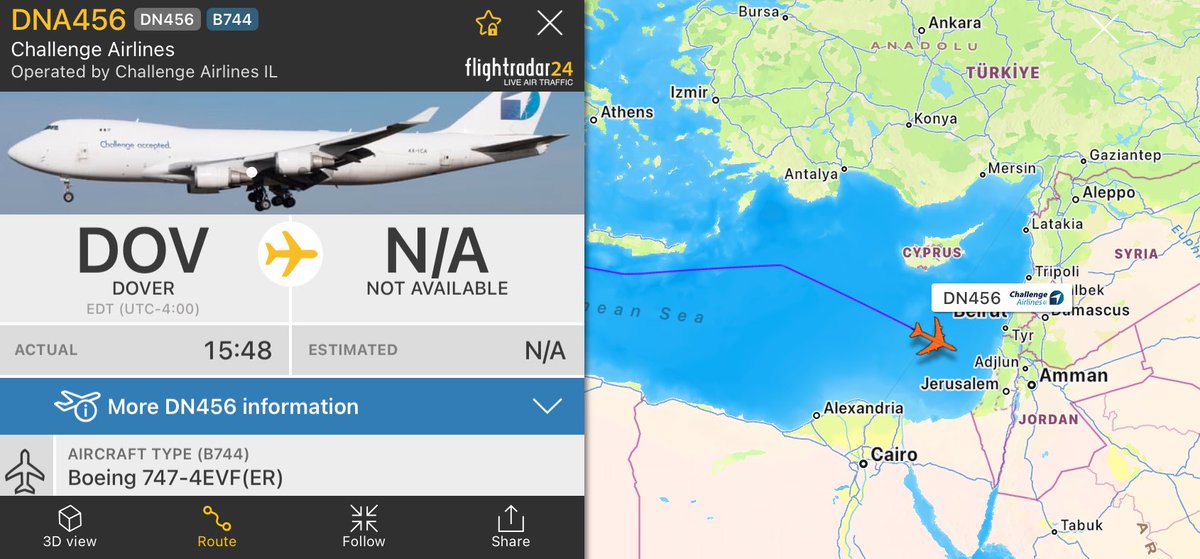 🚨 BREAKING

After the Biden administration admitted that U.S.-provided weapons in Gaza violated international humanitarian law:

✈️ Israeli Boeing 747 freighter 'DNA456'  (4X-ICA) back from Dover, USA, with a shipment of advanced weaponry. Landing in Nevatim Air Base.