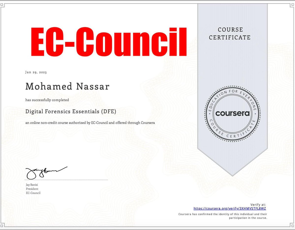 شهادة أنصح فيها المبتدئين اللي حابين يدرسوا Digital Forensics

Digital Forensics Essentials (DFE) Certificate from EC-Council and Coursera. ❤️