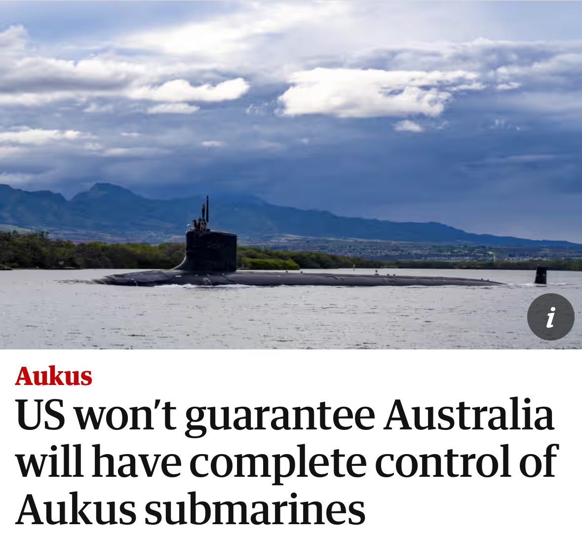 ❗AUKUS is incompatible with Australian sovereignty 

‘A US official has declined to explicitly guarantee Australia will have full control of the AUKUS nuclear-powered submarines, saying he won’t get “into some of the minutiae of various questions”’

theguardian.com/world/article/…