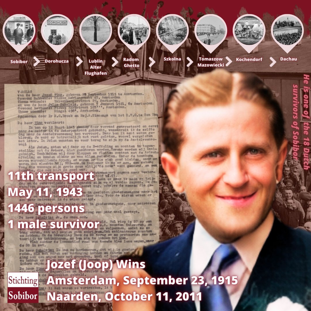 11.05.1943 | Jozef Wins was the only survivor of the 11th Transport of 1446 deportees from Westerbork to #Sobibor. Jozef spent almost two years together with Jules Schelvis and Leo de Vries. They were referred to as 'die drei Hollӓnder'. He was liberated in Dachau 👇🏼1/10