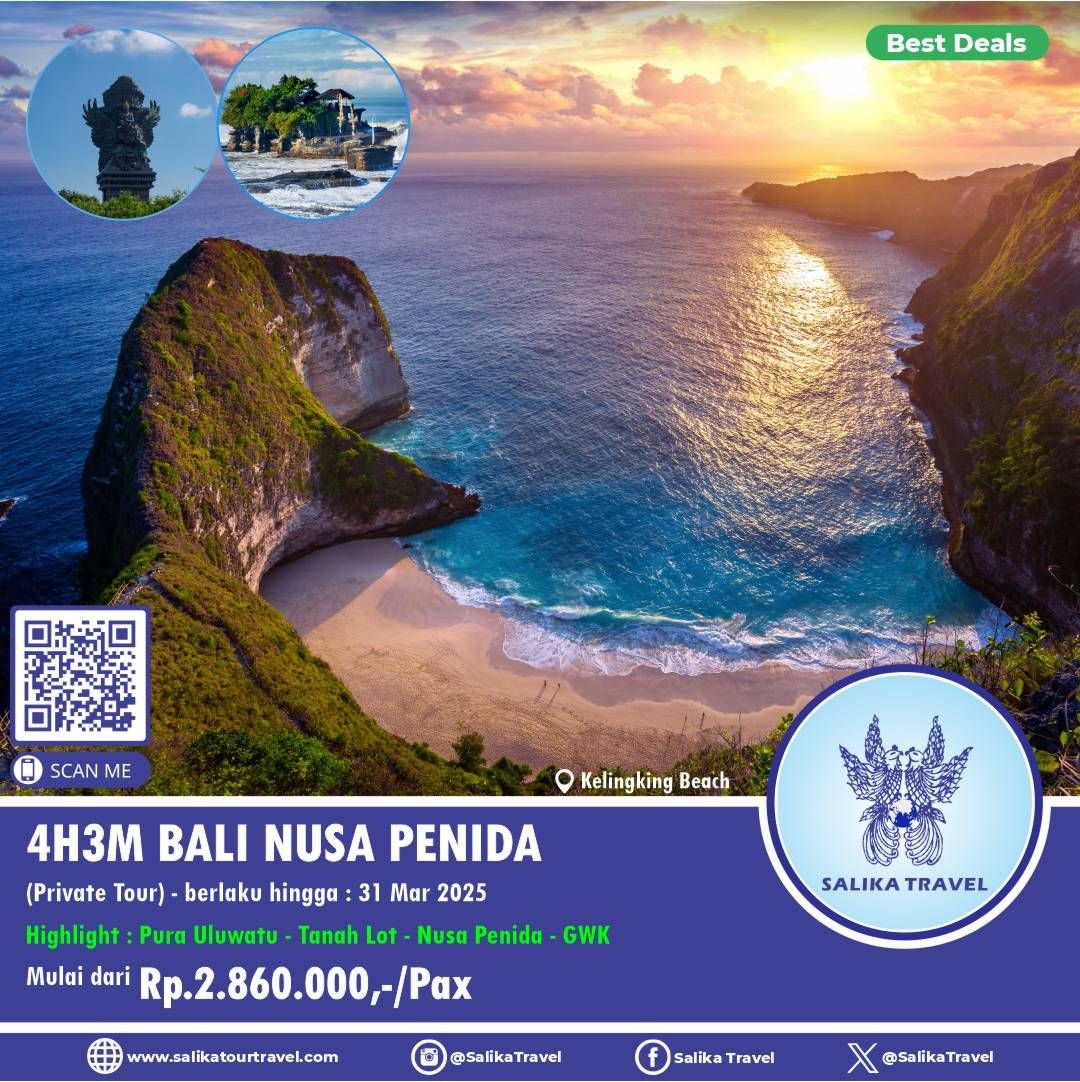 Rencanakan perjalanan wisata anda ke Nusa Penida Bali di lepas pantai timur Bali yg menawarkan panorama luar biasa

Info lebih lanjut
salikatourtravel.com/tour/detail/4h…

atau wa.me/+6281945166878

T&C Apply
#SalikaTravel
#BestDeals
#PrivateTour
#TourWithSalikaTravel
#JoinTourSalikaTravel