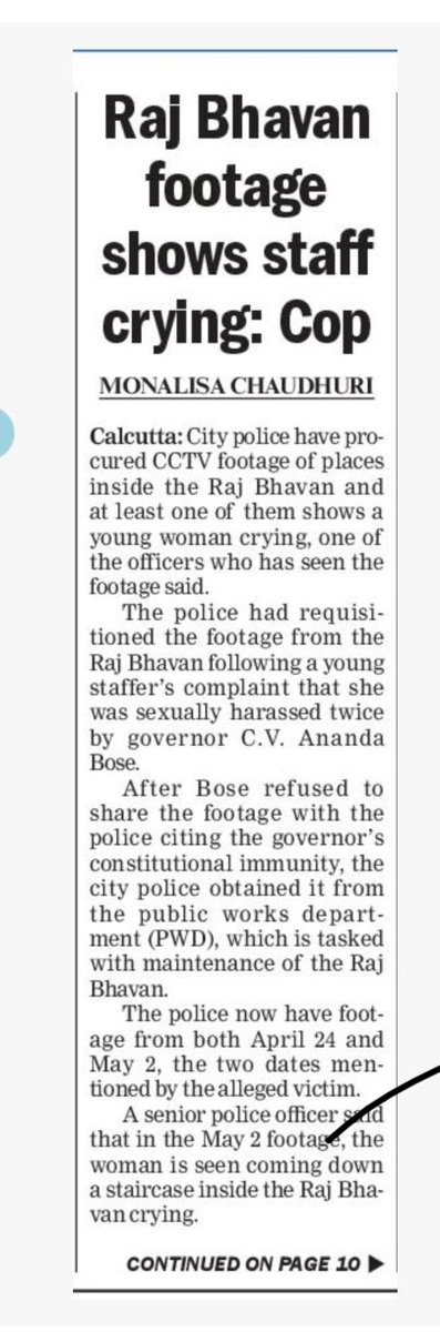 Telegraph news of Raj Bhavan’s remote camera footage shows a woman crying. Is she the victim who claims that she was molested by Governor? There is need for open enquiry of all parties involved — immediately— as it’s getting murky! ⁦@AITCofficial⁩ epaper.telegraphindia.com/imageview/4704…