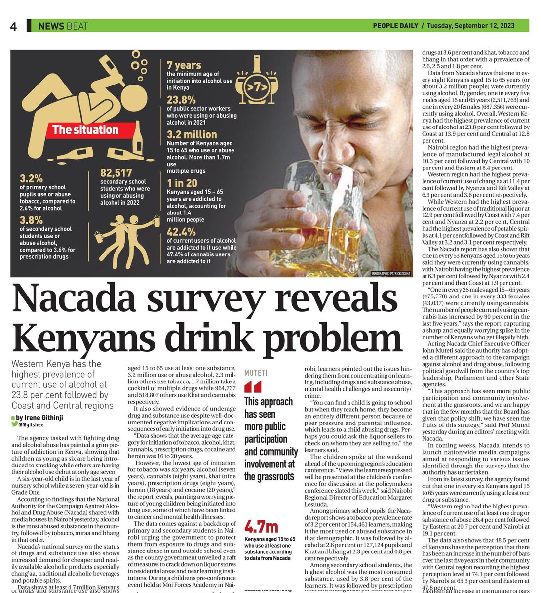 NACADA Survey reveals Kenyans drink problem 

1 in 20
Kenyans aged 15 - 65 years are addicted to alcohol, accounting for about 1.4 million people

#AlcPolPrio
#SCADCares 
#AlcoholTaxKE 
#AlcoholAwareness 
#AlcoholAwarenessKE