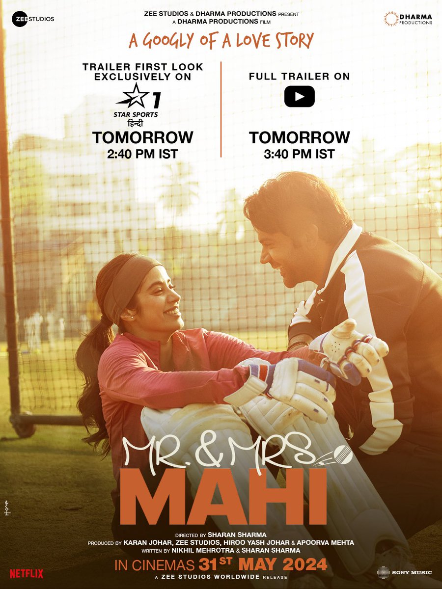 Bowling you over with this imperfectly perfect partnership! #MrAndMrsMahi trailer hits the field tomorrow!🏏 In cinemas on 31st May. #KaranJohar @apoorvamehta18 @RajkummarRao #JanhviKapoor #SharanSharma #NikhilMehrotra @somenmishra0 @DharmaMovies @sonymusicindia