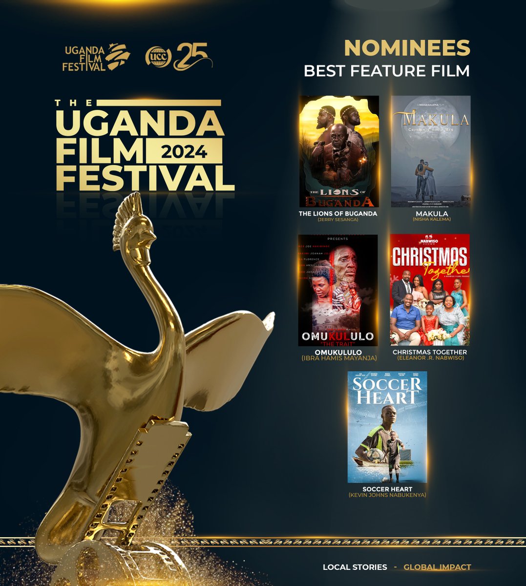 Congratulations to the Best Feature Film nominees in #UFF2024. - Christmas Together by Eleanor R. Nabwiso - The Lions of Buganda by Jerry Sesanga - Makula by Nisha Kalema - Soccer Heart by Kevin Johns Nabukenya - Omukululo by Ibra Hamis Mayanja #LocalStoriesGlobalimpact cc:…