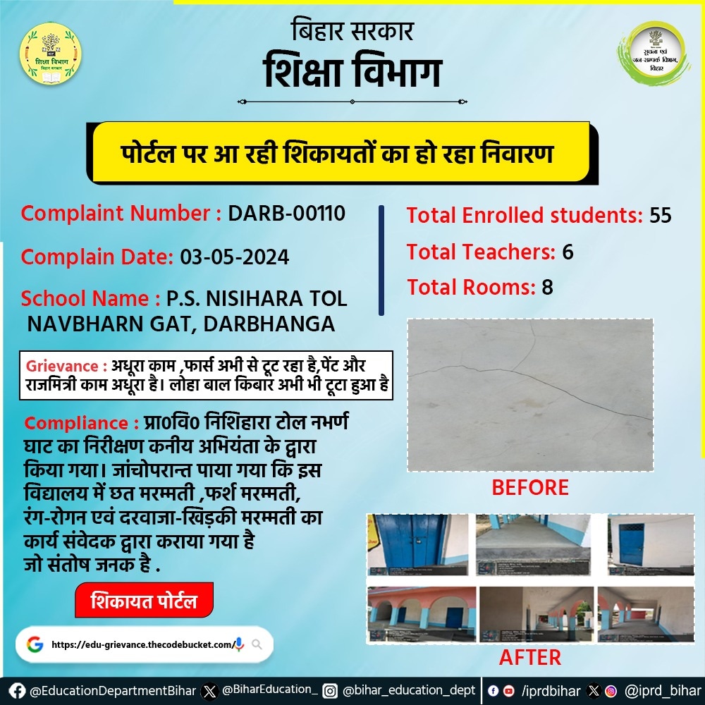 पोर्टल पर आ रही शिकायतों का हो रहा निवारण। Complaint Number : DARB-00110 Complaint Date : 03-05-2024 School Name : P.S NISIHARA TOL NAVBHARN GHAT, DARBHANGA. #BiharEducationDept