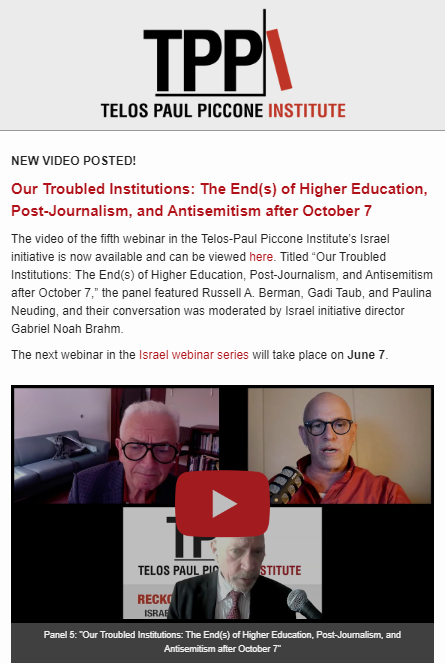 Webinar on 'Our Troubled Institutions' - Academia and the Press. I had the honor of presenting along side Prof. Russell Berman, @paulinaneuding and Prof. @Brahmski. Here's the full video: youtube.com/watch?v=Iedd7E…