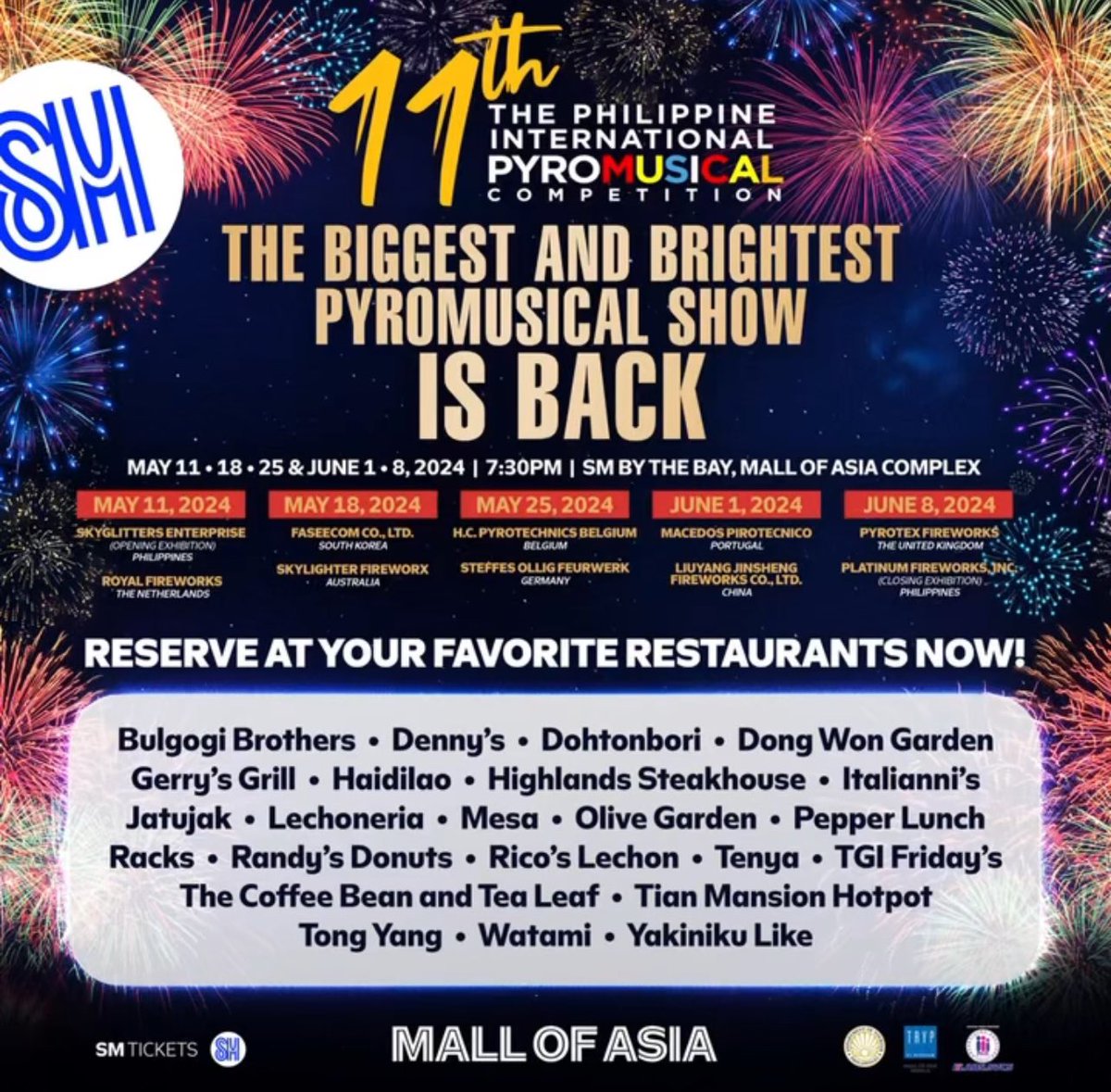 ARE YOU READY FOR THE BIGGEST AND BRIGHTEST PYROMUSICAL SHOW? 🤩

Join us on May 11, 18, 25, June 1, 8 for the most spectacular show you shouldn't miss! Reserve your table now at restaurants offering exquisite dinner cuisine with a view to elevate your experience. 🎆🎇#11thPIPC