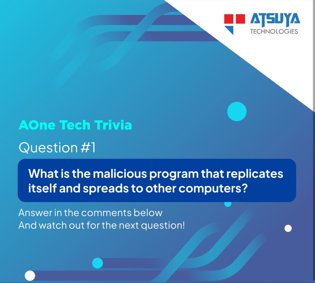 #ContestAlert!

This #NationalTechnologyDay, participate in the AOne #TechTrivia series and stand a chance to win an #Internship opportunity at Atsuya!

The first question is here! Comment your answer below, and stay tuned for the next question!

1/3
#Contest #Tech #DeepTech