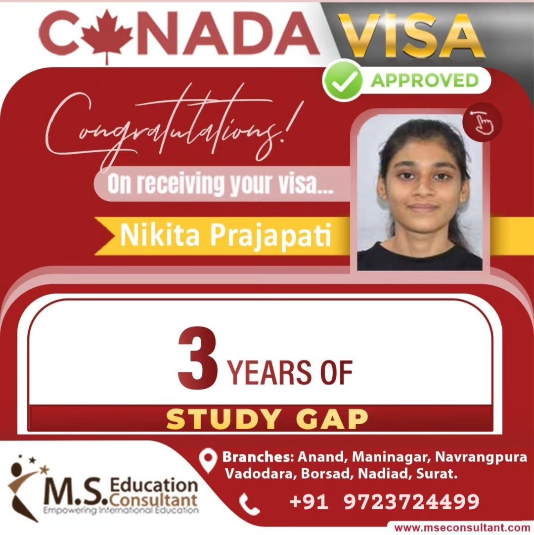 Congrats!!! 🌟 Nikita Prajapati for Canada 🇨🇦 Student Visa 💐

🔸Canada Student Visa in 1st attempt 
🔸3 Years of Study gap

#MSEducationConsultant #StudentVisa #StudyAbroad #IELTS #toefl #pte #Immigration #StudyInCanada #StudyInUSA #bestvisaconsultant #bestieltscoaching