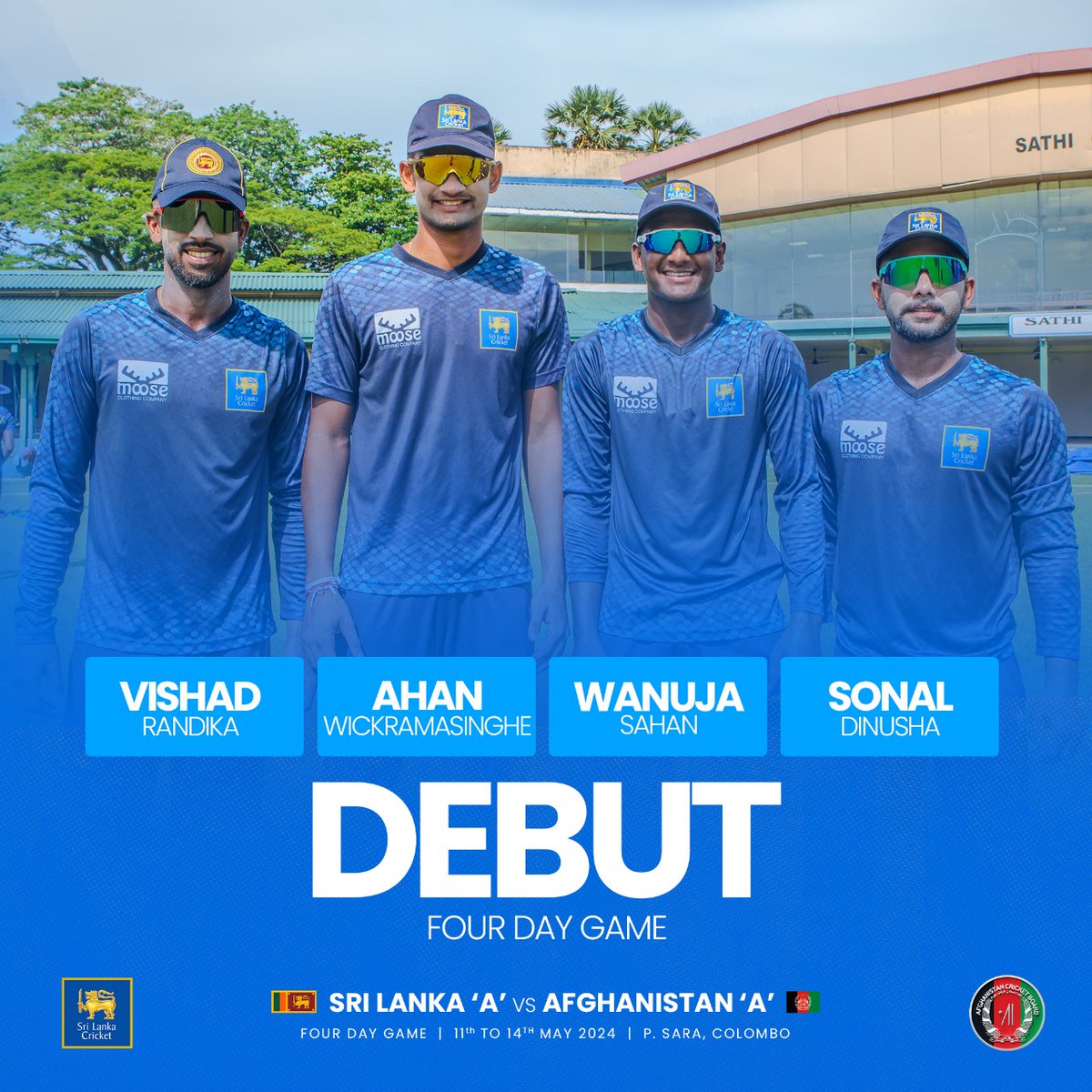 There are four exciting debutants for Sri Lanka 'A' today - Ahan, Vishad, Wanuja, and Sohan. Best of luck! 🙌 #SLvAFG #SLATeam