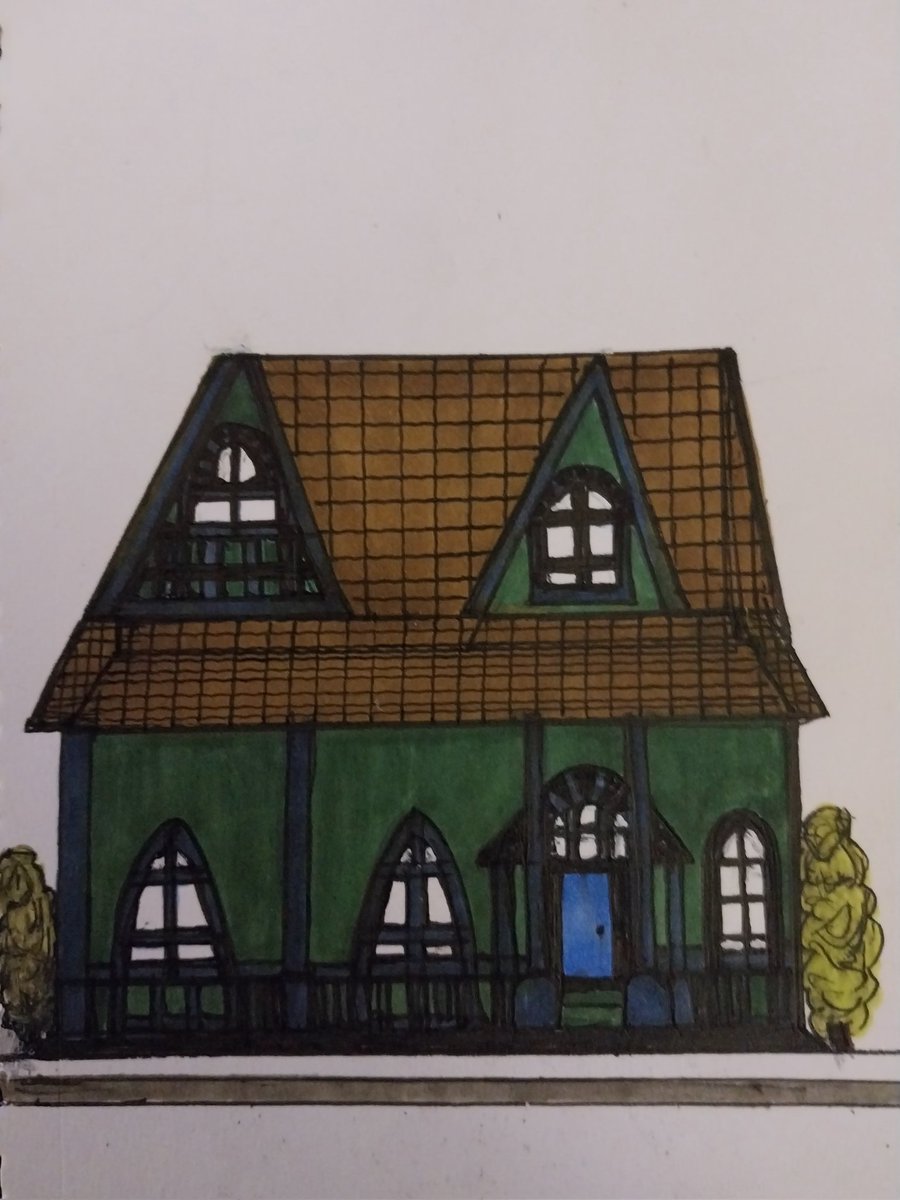 A green house with a blue door. Markers and ink.