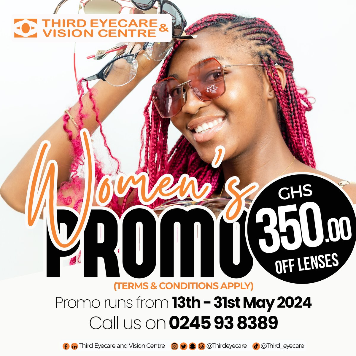 Our special promo for WOMEN is still running!! You can't be left out. Visit any of our Branches and enjoy a 'whooping' discount of 350ghc Off ALL LENSES. Promo lasts till 31st May, 2024.😎👓😉 #thirdeyecare #besteyeclinicinghana #ghana #MothersDay #ForallWomen #CelebrateMothers