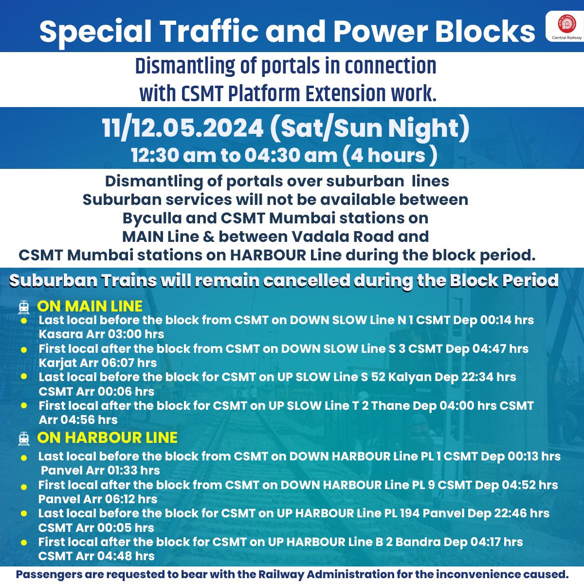 Traffic and Power Blocks for Dismantling of portals on 11/12.05.2024 (Saturday/ Sunday Night) The inconvenience caused is highly regretted, and passengers are requested to bear with the Railways. #CentralRailway #Powerblock #Trafficblock