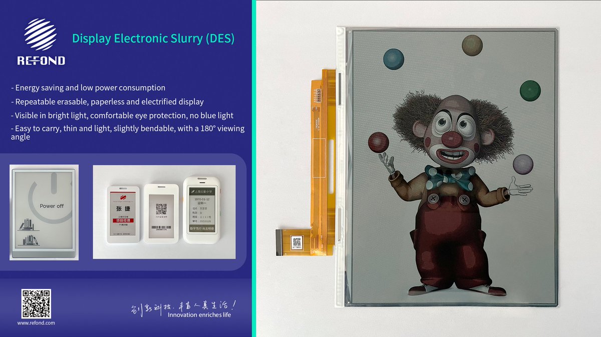 RefondOpto's tweet photo. 📃 #Refond pioneered the Display Electronic Slurry (#DES) e-paper module solution. Compared to Electrophoretic Display (EPD), it adopts a new display structure with pixel points arranged in an R/G/B array mix & staggered layout, higher resolution, and better contrast ratio. https://t.co/lwHpJFv7qZ