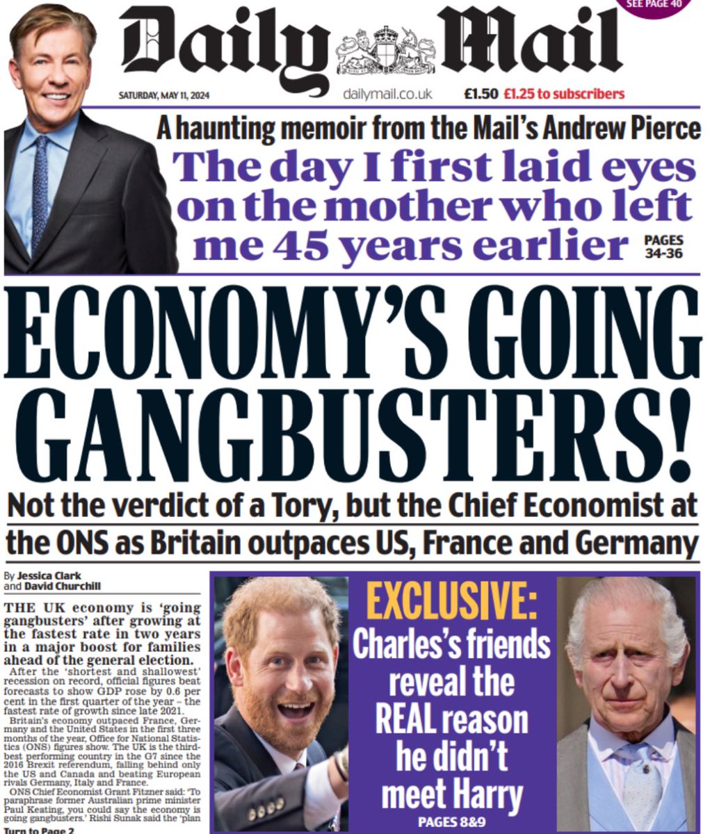 We’ve been in recession for the last two quarters. The economy grew by just 0.6%. Interest rates are at their highest on record, inflation may be falling but prices aren’t, you can’t see a doctor or a dentist and it’s £7.20 a pint in London. Hold onto your hat.