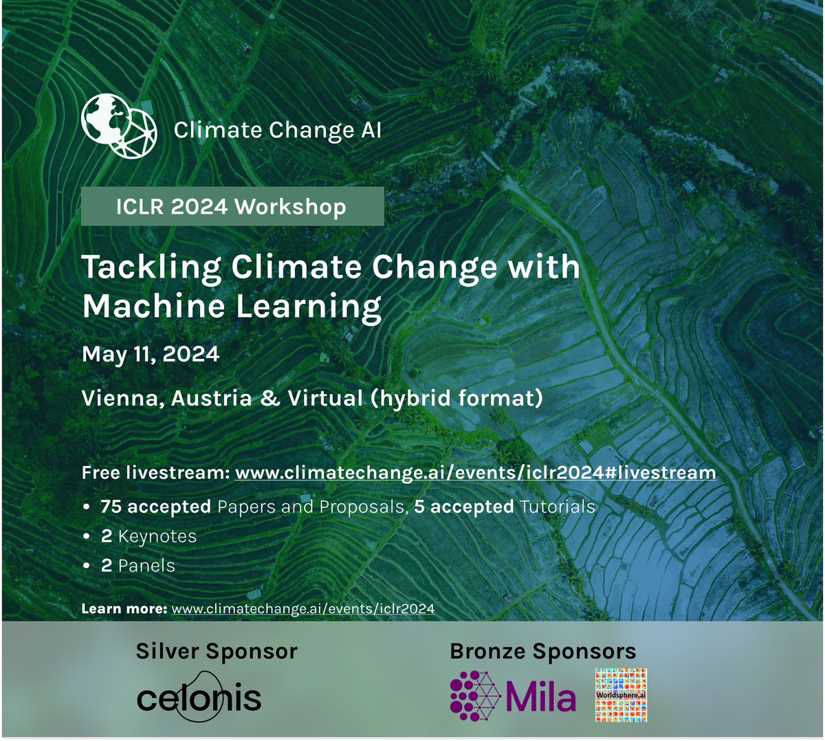 We are excited to kick off our #ICLR2024 workshop in just about 15 minutes! 🎉 🤓 See you all in room Stolz 1 - and if you cannot make it in person, check out our free livestream: climatechange.ai/events/iclr202…