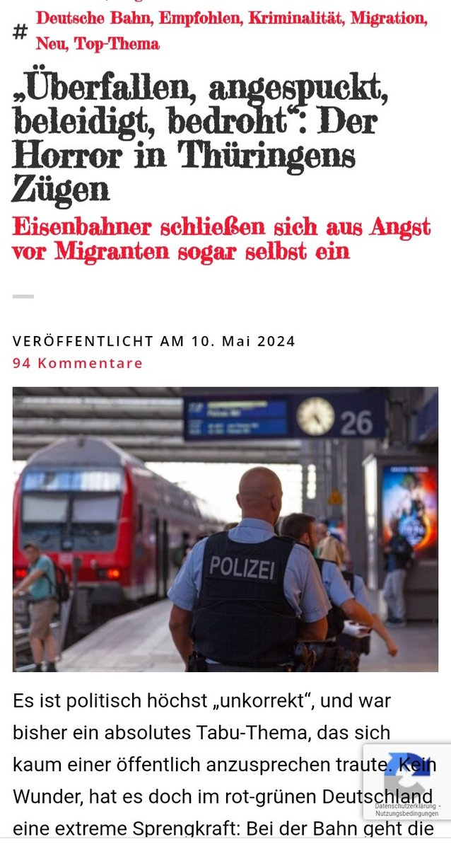 Frauen, Kinder und Mitarbeiter sind im Zug nicht mehr sicher. Kein Wunder, dass die Menschen AfD wählen☝️

„Überfallen, angespuckt, beleidigt, bedroht“: Der Horror in Thüringens Zügen

Eisenbahner schließen sich aus Angst vor Migranten sogar selbst ein‼

#TeamKinderschutz
