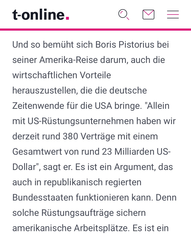 Deutschland will 'Führung übernehmen', sagt #Pistorius. Das heißt konkret, dass Deutschland mit Rüstungsaufträgen im Wert von 23 Milliarden an US-Konzerne Arbeitsplätze in den USA sichert, wie Deutschlands beliebtester Politiker stolz verkündet.
t-online.de/nachrichten/de…