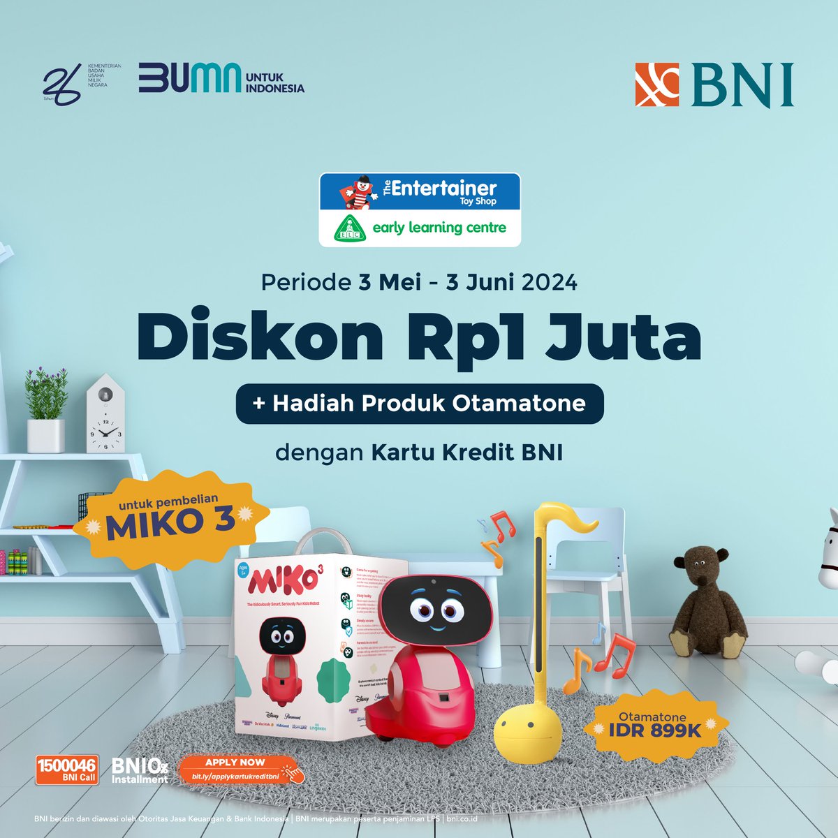 'Transform your child's playtime into a world of learning and laughter with ELC & The Entertainer Toy Shop!Nikmati diskon spesial Rp1 Juta serta hadiah menarik berupa produk Otomatone dengan menggunakan Kartu Kredit BNI untuk pembelian MIKO 3, robot pintar AI yang tak hanya…