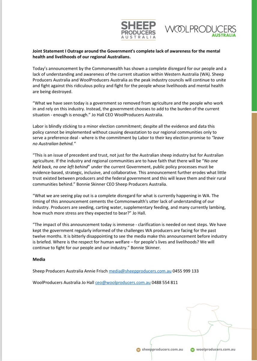 We are gutted for our WA producers and those that rely on our industry. Together with <a href="/SheepProducers/">Sheep Producers Australia</a> and our other industry allies, we will continue to fight this out of touch government &amp; this ridiculous policy #keepthesheep