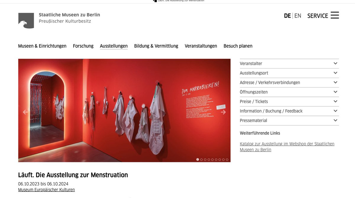 „Läuft. Die Ausstellung zur Menstruation.“ läuft in #Berlin noch bis zum 6. Oktober. Was kommt danach? Vorschläge:

Tropft. Die Ausstellung zum vorzeigen Samenerguss.

Riecht. Die Ausstellung zu Scheidenpilzerkrankungen.

Nässt. Die Ausstellung zur juvenilen Harninkontinenz.