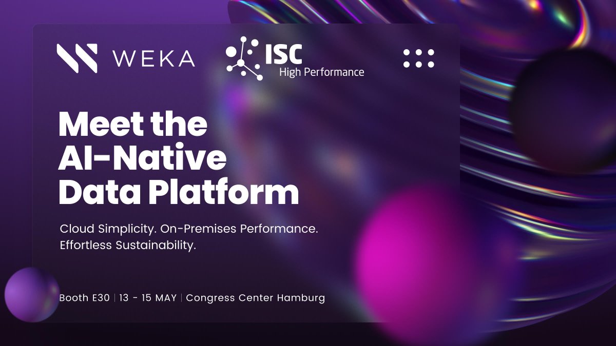 📣Attending #ISC24, May 13 - 15? Join #WEKA at Booth E30, at Congress Center, Hamburg, and ask for a demo of the WEKA #dataplatform. Learn how WEKA unleashes the highest performance for your #HPC,#AI, #QuantumComputing and #ML workloads. 🌟 Register - hubs.la/Q02wk_Rc0