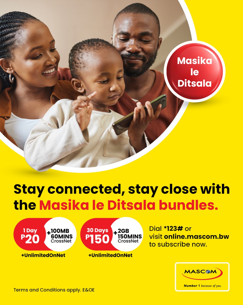 No matter the distance, stay connected with those who matter most with Masika le Ditsala.. Subscribe now by dialing *123# or visiting online.mascom.bw! #MasikaLeDitsala #Number1BecauseOfYou