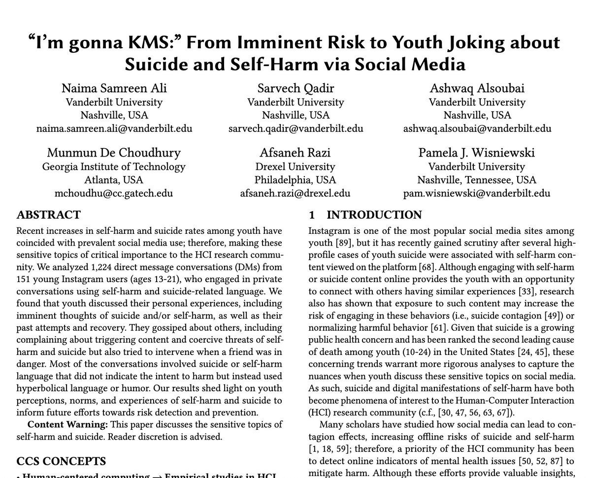 Naima Samreen (@alinai98) on Twitter photo Excited to share that I’ll be presenting our #CHI2024 paper next week on how youth discuss suicide and self-harm in private conversations on social media”, on Thursday, May 16th at 9:30 AM (HST)! <a href="/pamwis/">Pamela Wisniewski</a> <a href="/QadirSarvech/">Sarvech Qadir</a> <a href="/AshSoo/">Ashwaq Alsoubai, Ph.D.</a> <a href="/munmun10/">Munmun De Choudhury, PhD</a> <a href="/Afsaneh_Razi/">Afsaneh Razi, Ph.D.</a> (1/9) Excited to share that I’ll be presenting our #CHI2024 paper next week on how youth discuss suicide and self-harm in private conversations on social media”, on Thursday, May 16th at 9:30 AM (HST)! <a href="/pamwis/">Pamela Wisniewski</a> <a href="/QadirSarvech/">Sarvech Qadir</a> <a href="/AshSoo/">Ashwaq Alsoubai, Ph.D.</a> <a href="/munmun10/">Munmun De Choudhury, PhD</a> <a href="/Afsaneh_Razi/">Afsaneh Razi, Ph.D.</a> (1/9)